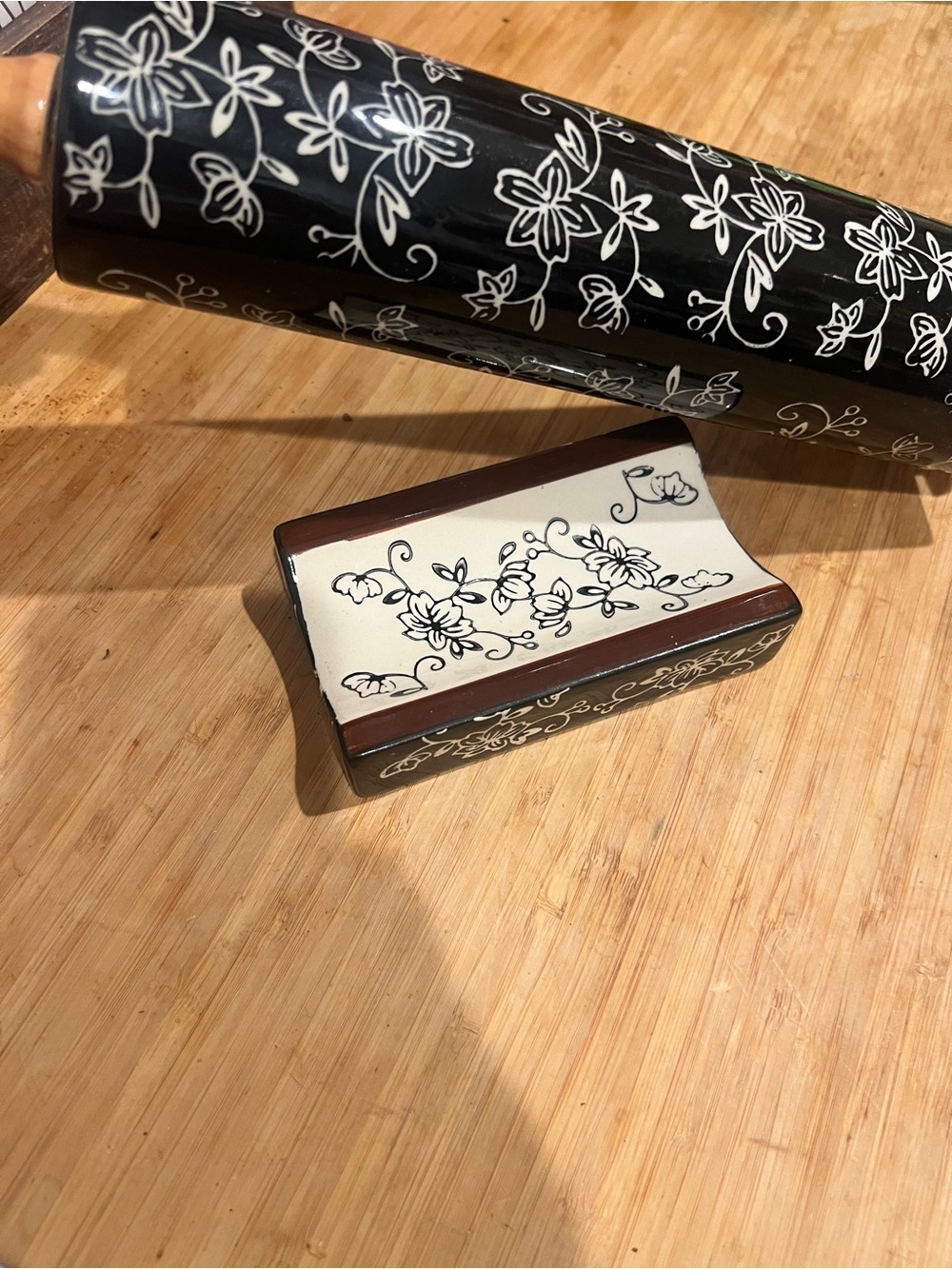 Decorative Floral Ceramic rolling pin  - Black and Cream
